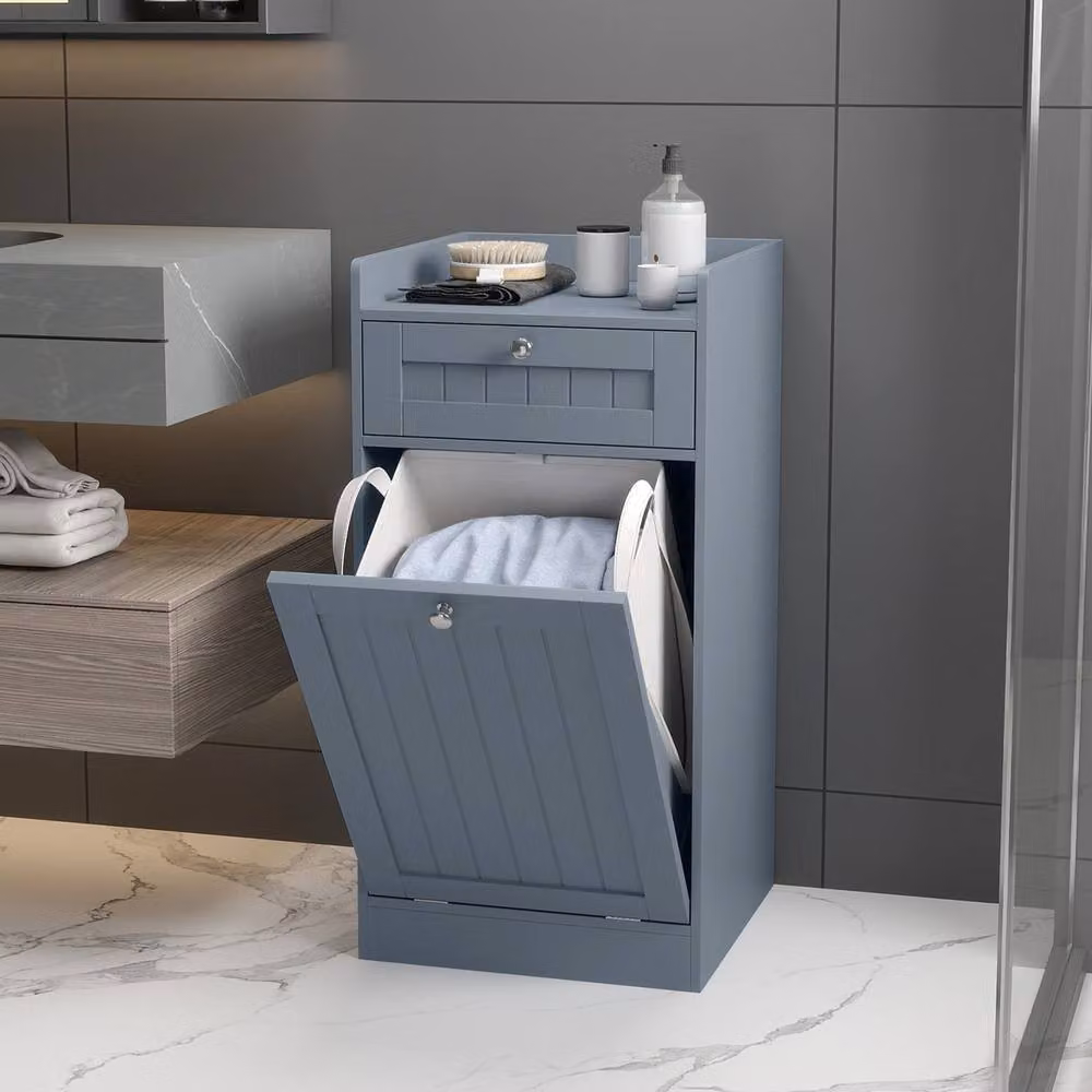 Costway Grey Bathroom Storage Cabinet with Tilt-Out Laundry Compartment and Internal Drawer – 4