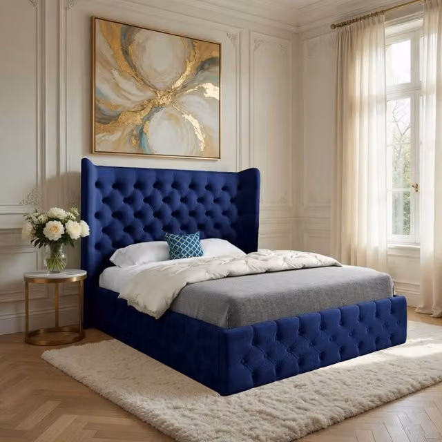 Casani Hutton Wide Winged Upholstered Blue Soft Velvet Designer Bed Frame W/D/H: 120 x 200 cm