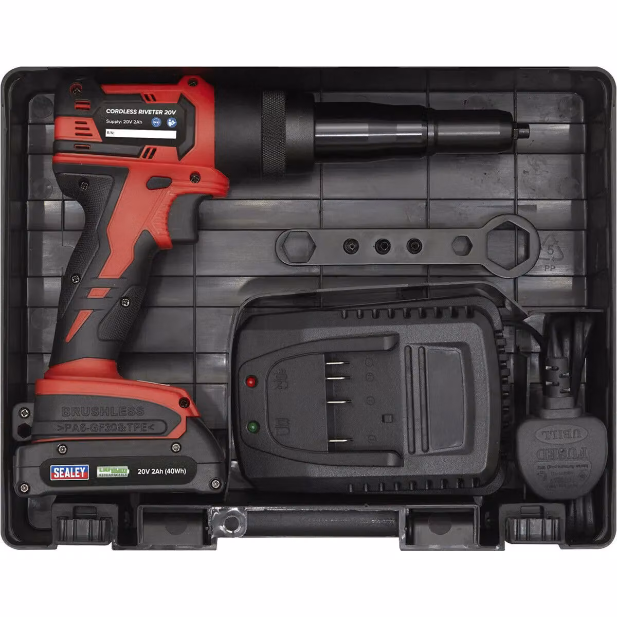 Loops Premium Cordless Riveter 20V 2Ah Lithium Ion with Adjustable Nozzle and 9000N Power, Red and Multicolour – 3