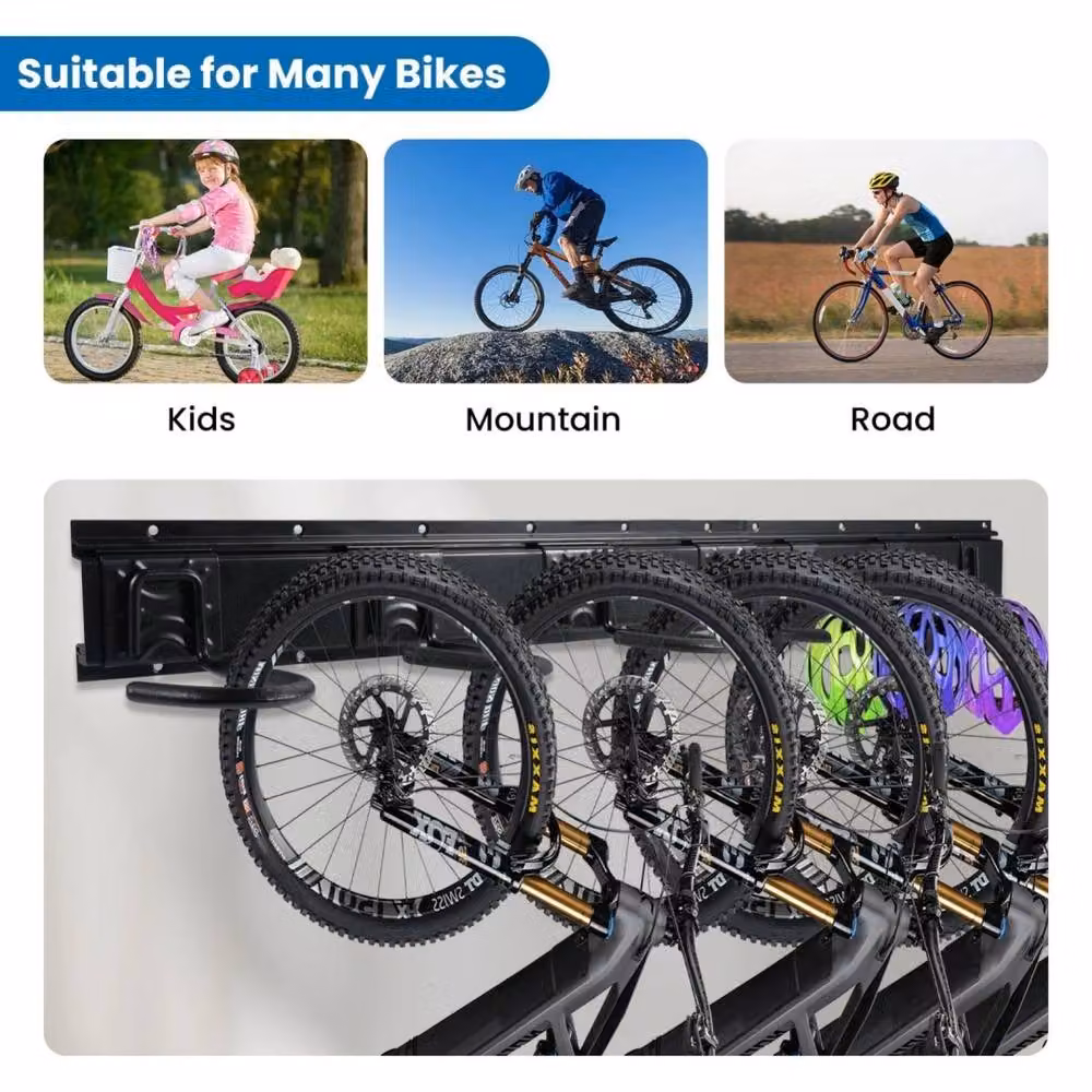 Kelvenix Wall Mounted Bike Storage Rack in Black for 4 Bicycles and 3 Helmets – 4