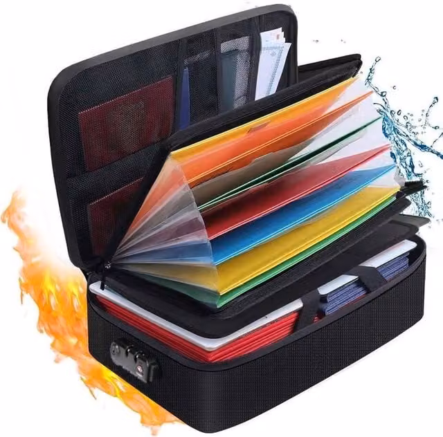 FLAVORA Fireproof Document Box with 13 Pockets Accordion Folder, Black, W: 50.0 cm x D: 50.0 cm x H: 1.0 cm