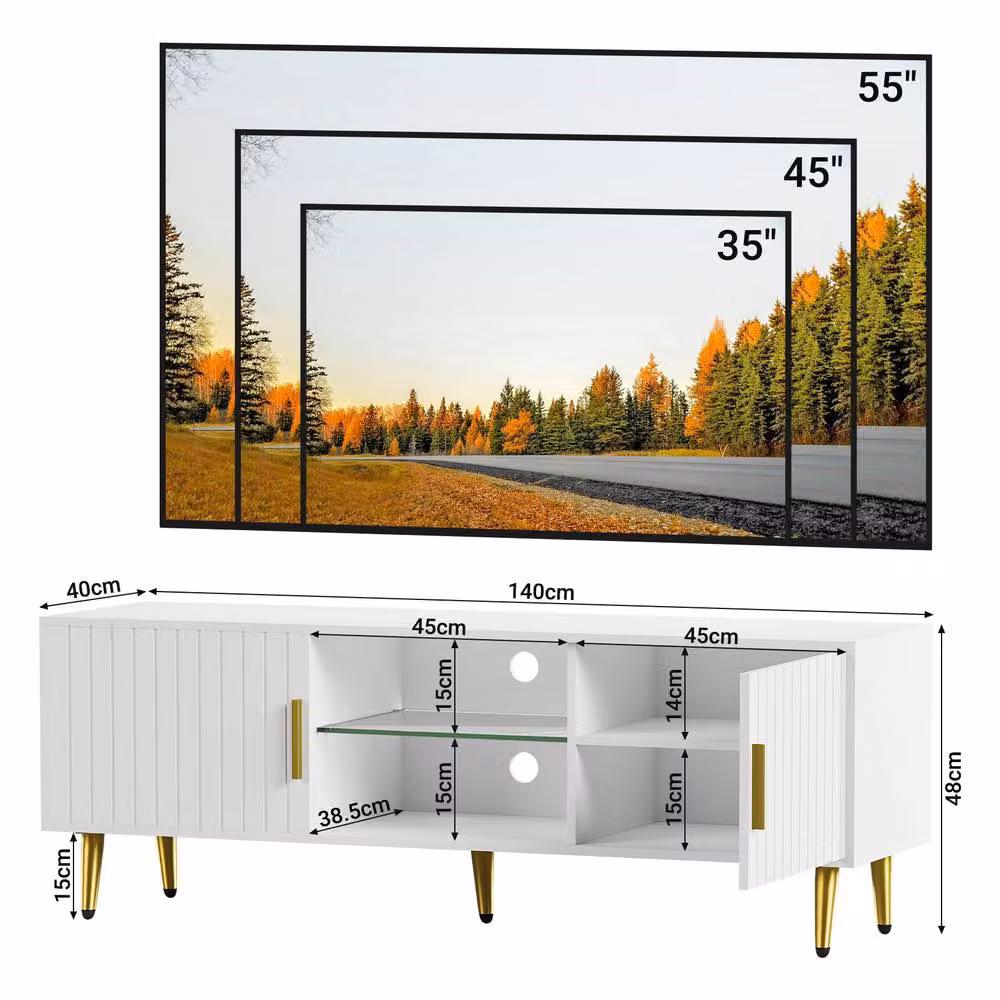 Dprodo Modern White TV Stand Cabinet with Ambient Light, W/D/H: 140 x 40 x 48 cm – 3