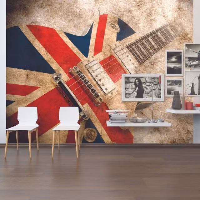 Origin Murals Rock Guitar Vintage Sepia Wall Mural in Beige, Yellow and Multicolour
