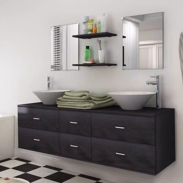 Berkfield Home Nine Piece Modern Matt Black Bathroom Furniture Set with Basin and Tap – 1