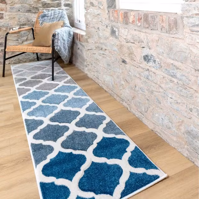 The Rug House Trellis Geometric Carved Rug in Blue and Grey, W: 240 cm, D: 60 cm