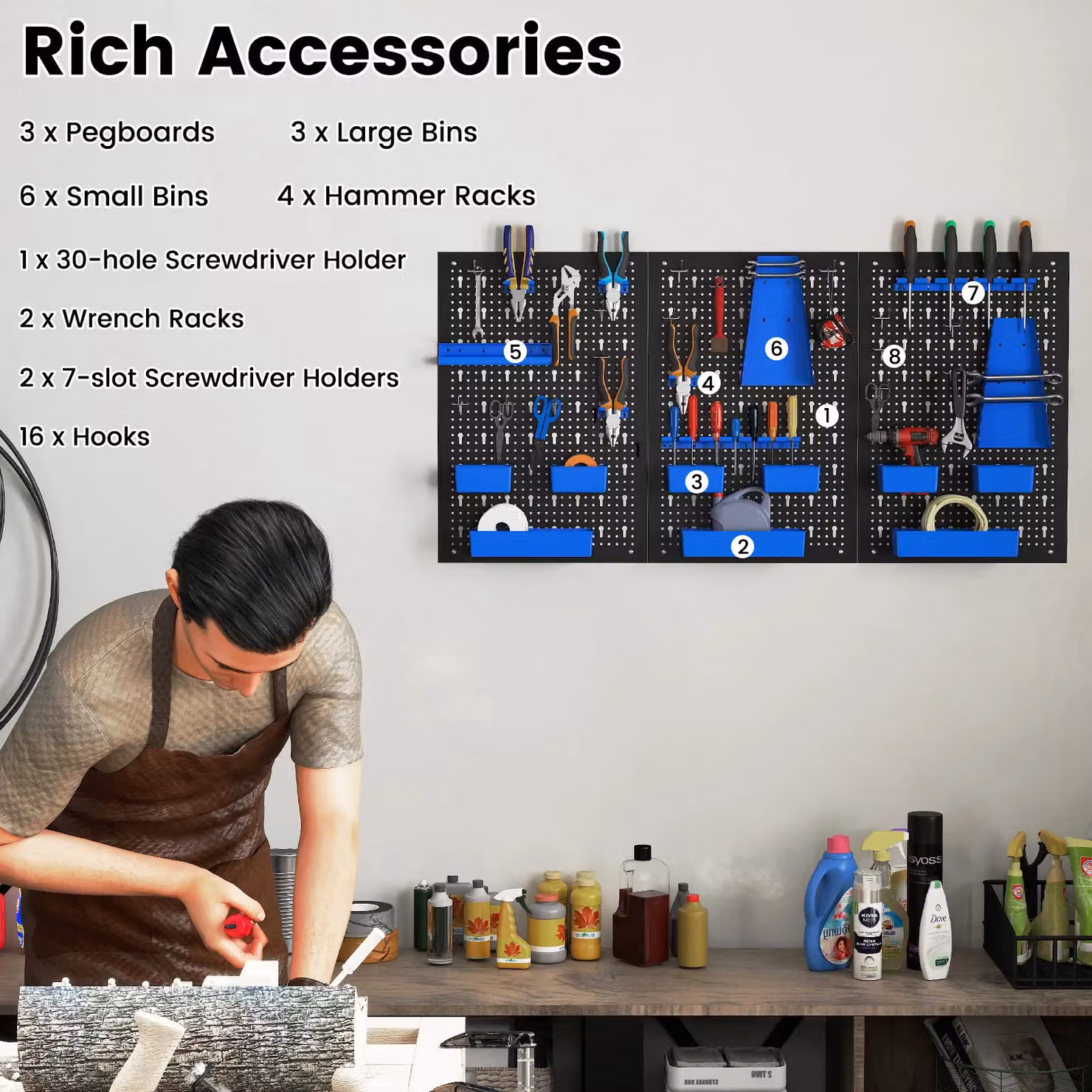 Costway Pegboard Wall Organizer with 9 Bins and Hammer Racks, Blue, W/D/H: 120 x 60 x 35 cm – 5