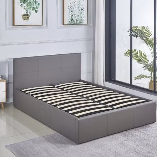 Kosy Koala Grey Faux Leather Ottoman Storage Bed with Gas-Assisted Lift and Stitched Headboard, W/D/H: 140 x 200 cm
