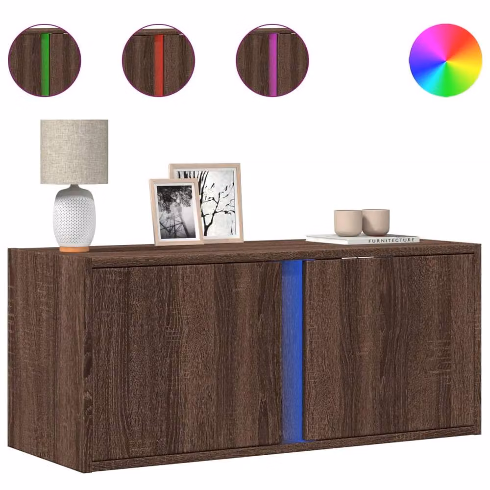 Berkfield Home TV Wall Cabinet with LED Lights in Brown Oak, W/D/H: 80 x 31 x 35 cm – 3