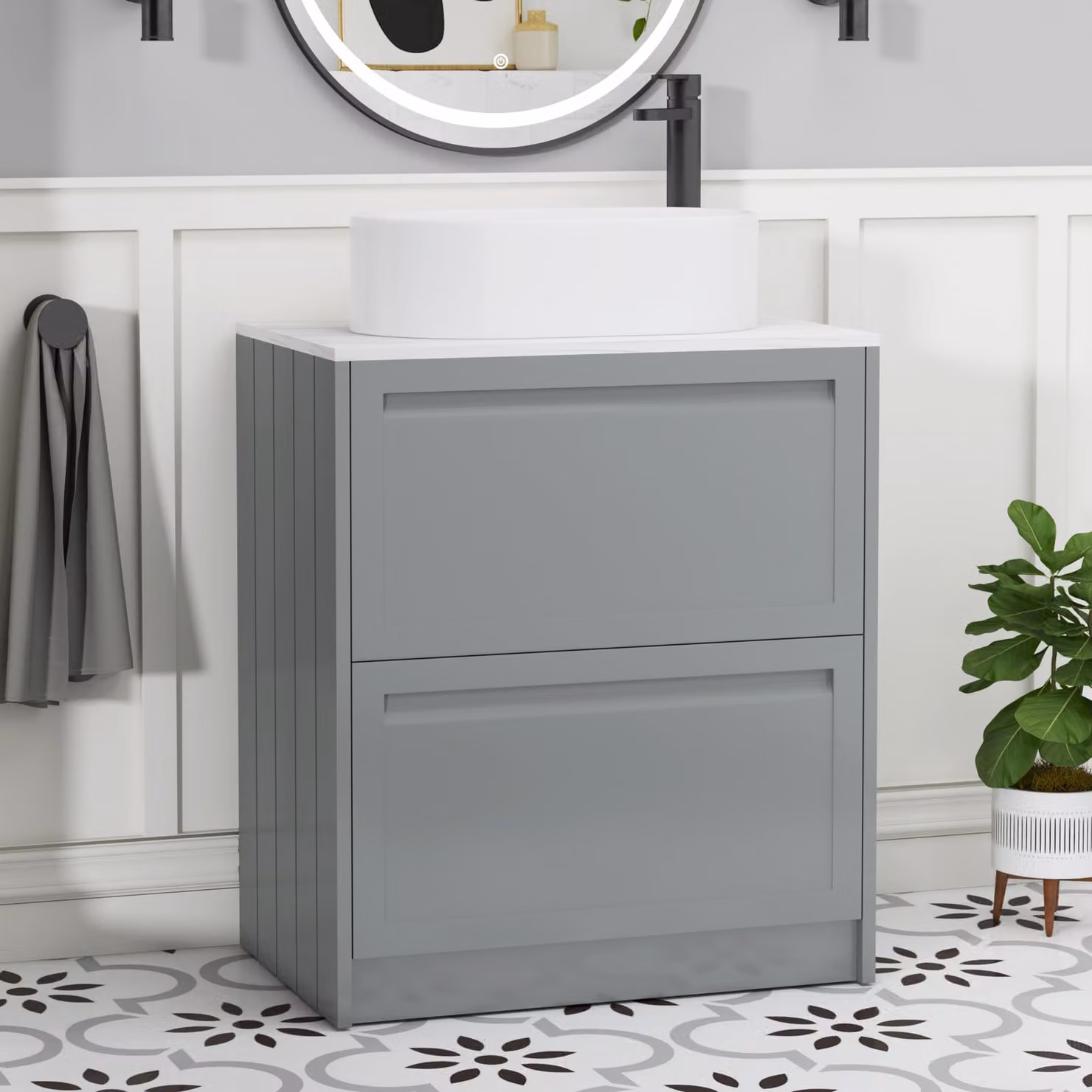Royal Bathrooms Elmore 700mm Floor Standing Countertop Vanity Unit with 2 Drawers and Peak Basin in Matt Pebble Grey