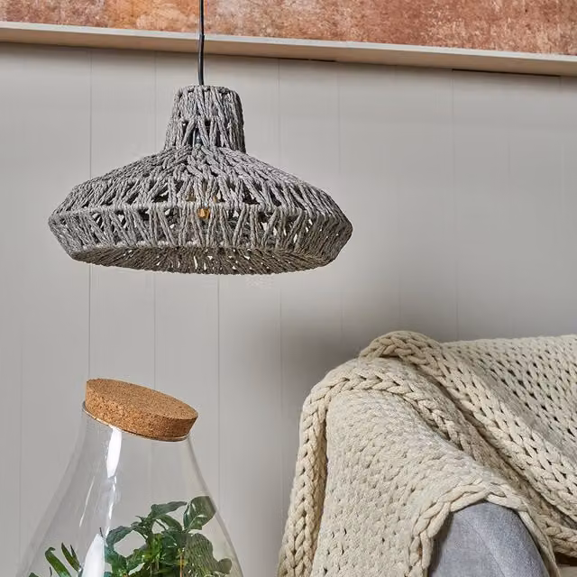 ValueLights Modern Round Rattan Ceiling Pendant Light Shade in Grey, Diameter: 35.5 cm