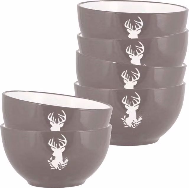 Dibor Set of 6 Grey Stag Stoneware Soup Bowls, Diameter: 14.5 cm