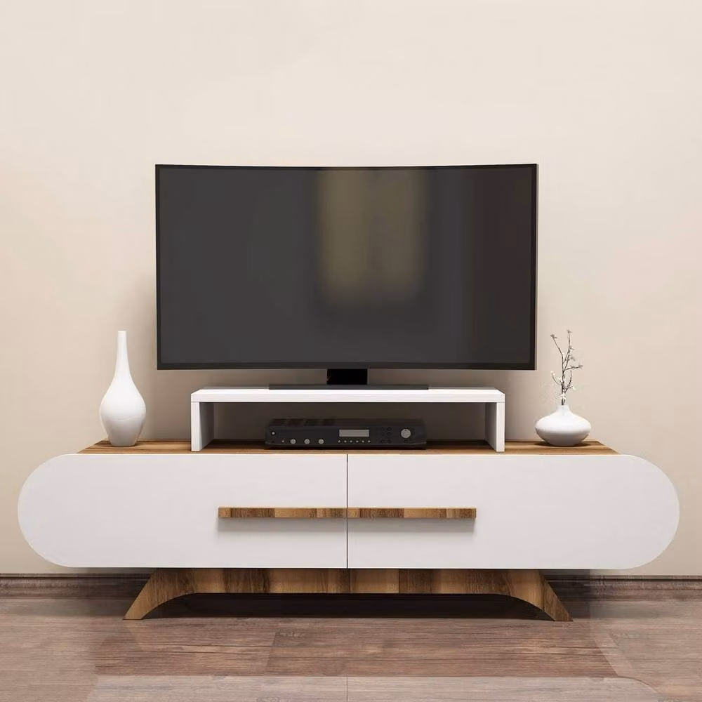 Calicosy Modern TV Stand with 2 Doors, Walnut and White – 2