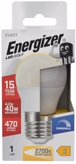 Energizer ES/E27 LED Golf Bulb, Warm White Opal Globe