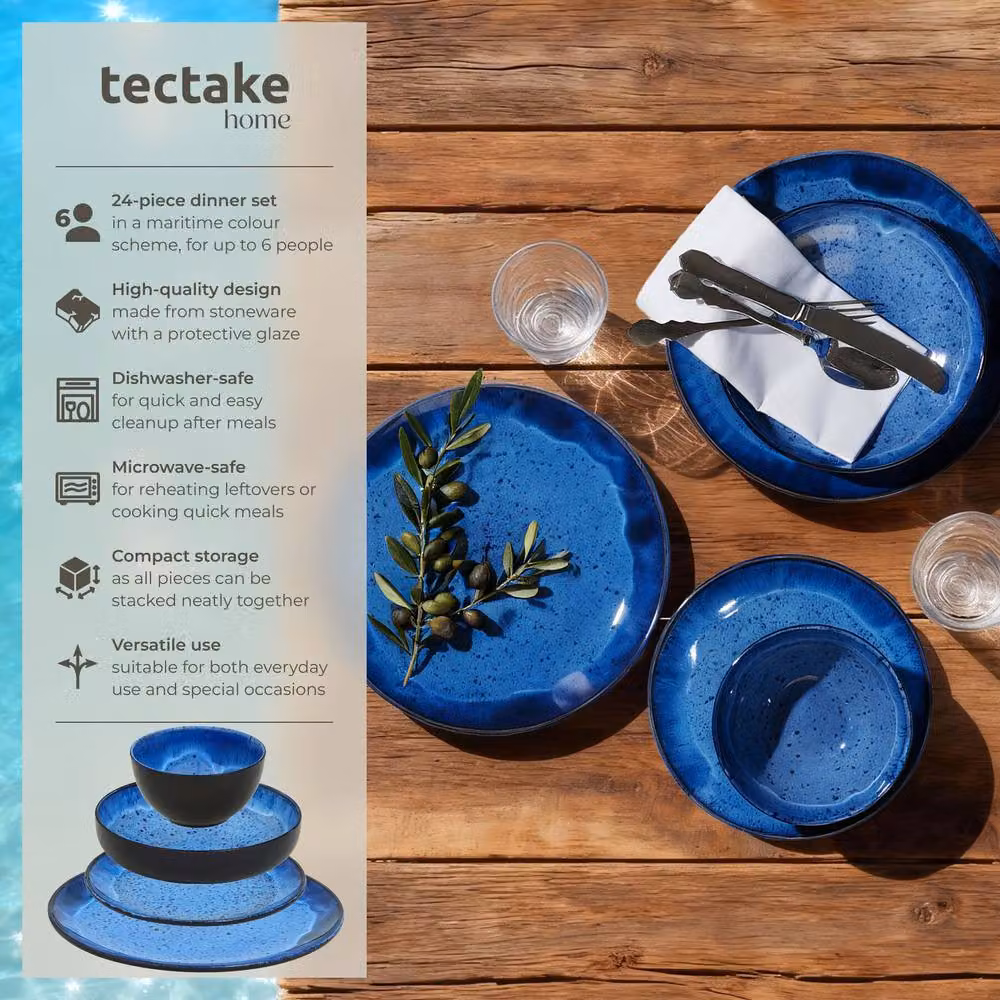 tectake Mare Glazed Stoneware Dinner Set for 6 People, Blue – 2