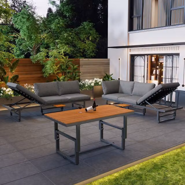 Modern Acacia Wood and Metal Garden Furniture Set with Adjustable Backrest and Coffee Table in Grey