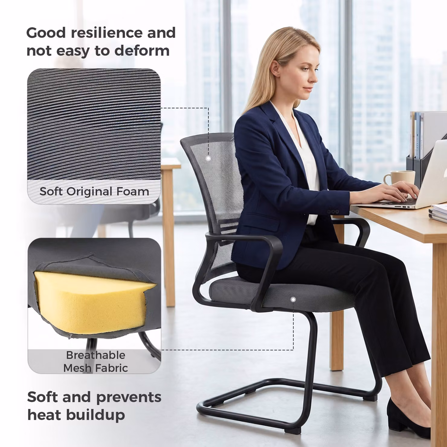 HOMCOM Ergonomic Padded Meeting Office Chair with Sled Base in Dark Grey – 4