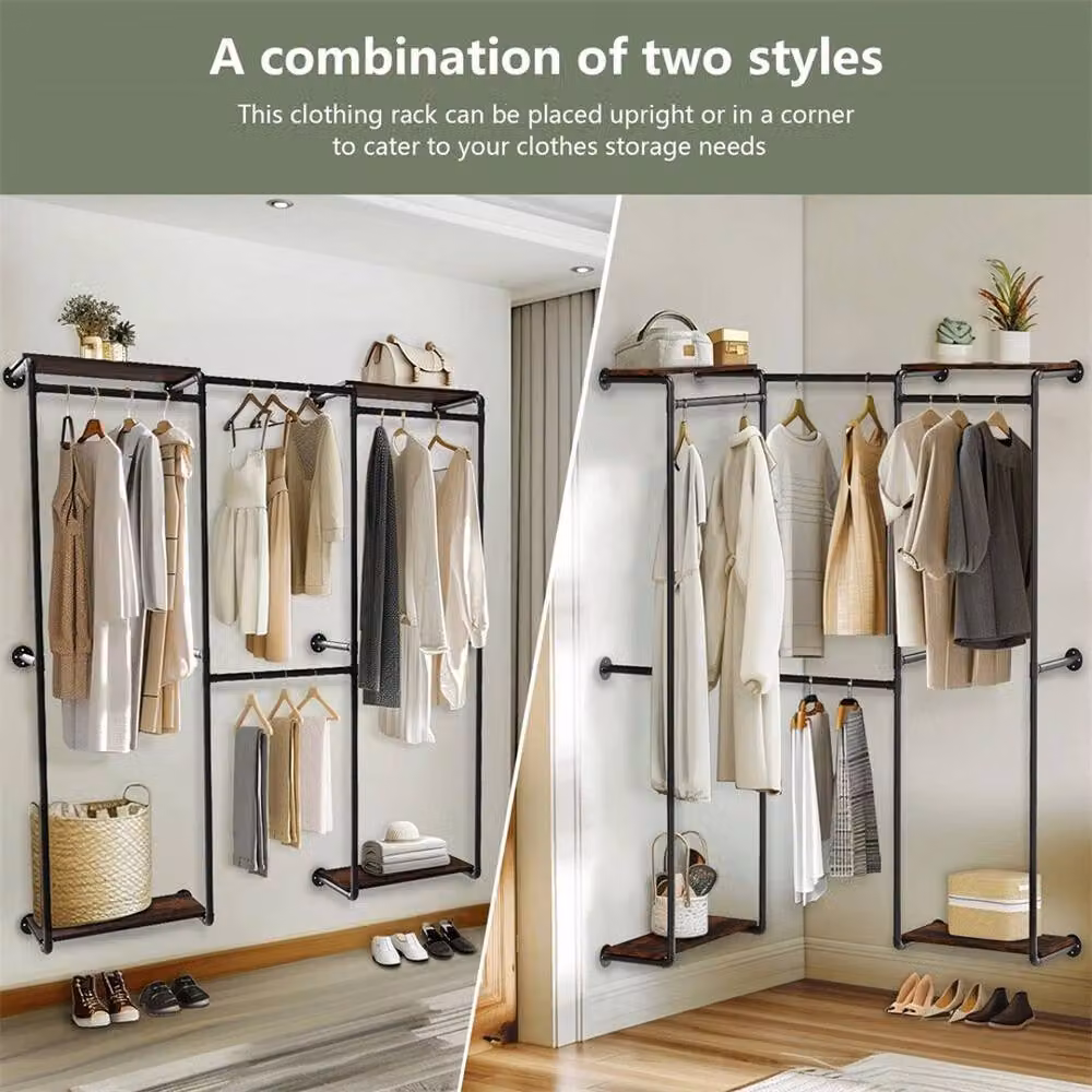 Havendro Industrial Pipe Corner Wall Mount Clothes Rack in Black and Brown – 3