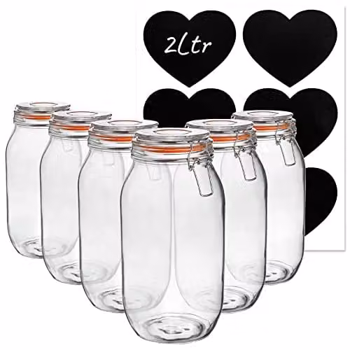 Argon Tableware Set of 6 Transparent Glass Storage Jars with Clip Lids and Labels, 2 L Each – 1