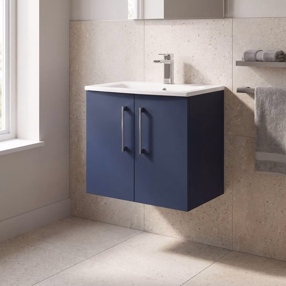 Balterley Modern Wall Hung 2-Door Bathroom Vanity and Basin, Midnight Blue, W: 60 cm – 2