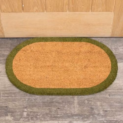 Melody Maison Natural Oval Coir Door Mat with Green Border, Brown, W: 60.0 cm, D: 40.0 cm, H: 1.5 cm – 1