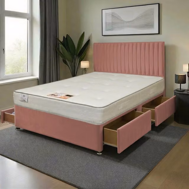 Knight Sleep Emily Plush Bed Set with Princess Hybrid Mattress and Floorstanding Headboard in Pink, W/D/H: 200 x 200 cm