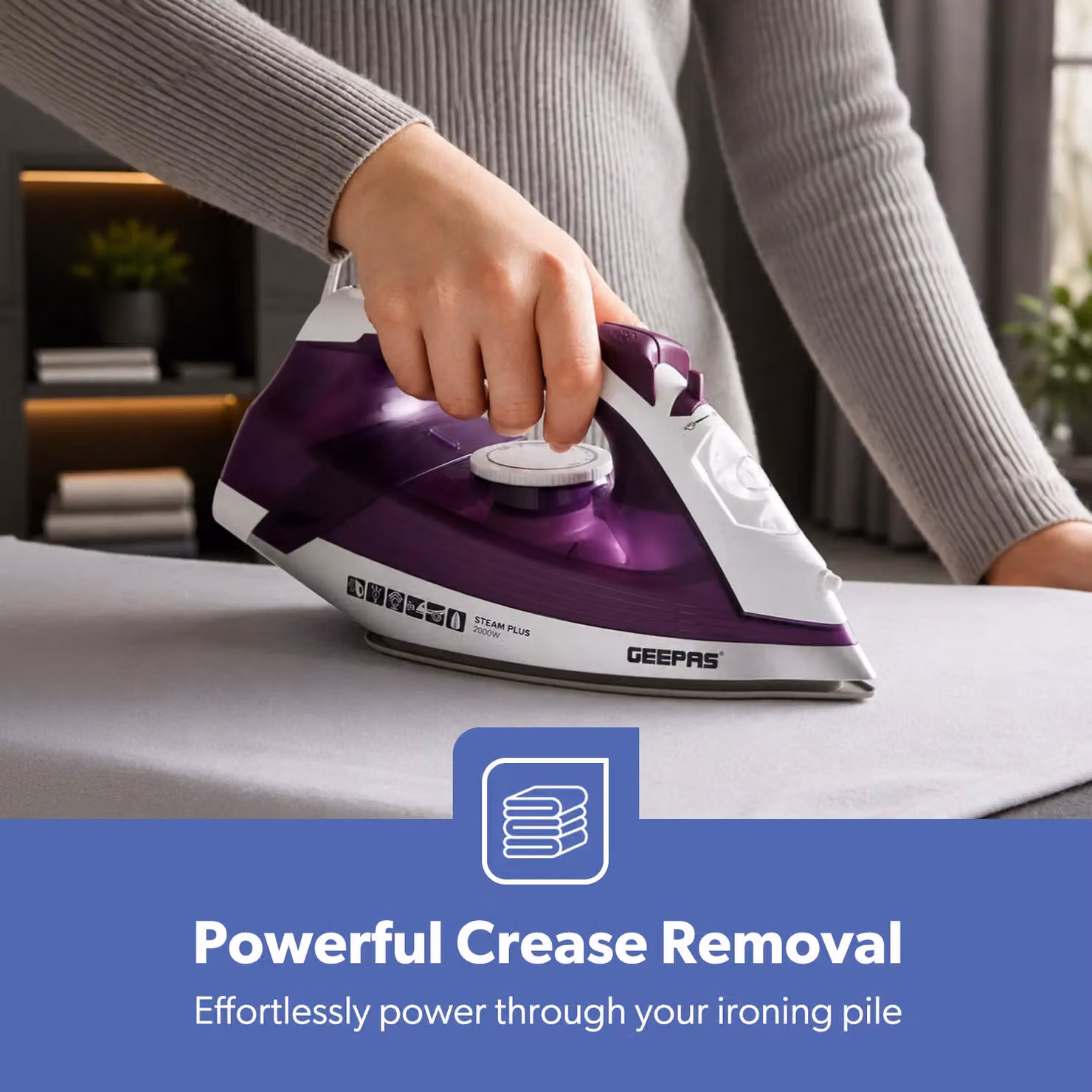 Geepas 2000W Steam Iron with Ceramic Non-Stick Soleplate and Vertical Steam Function in Purple – 5