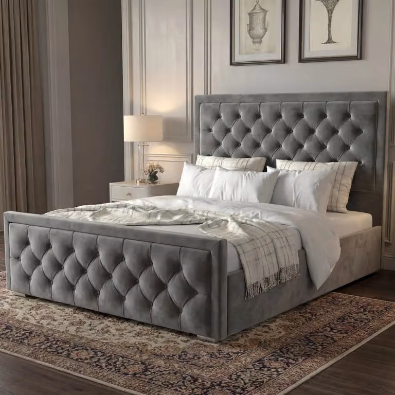 DHS Cross Puffed Velvet Ottoman Storage Bed Frame in Grey, King Size (180 x 200 cm)