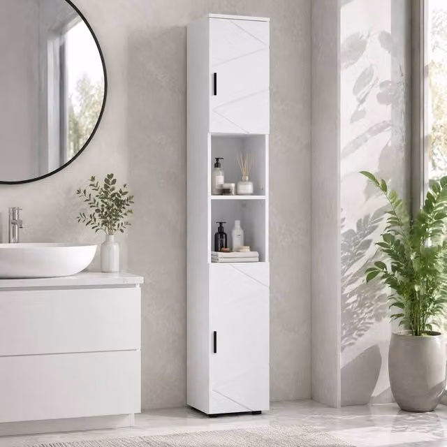 STILVORA White Lacquered Bathroom Storage Cabinet with Soft-Close Hinged Doors and Internal Shelves – 1