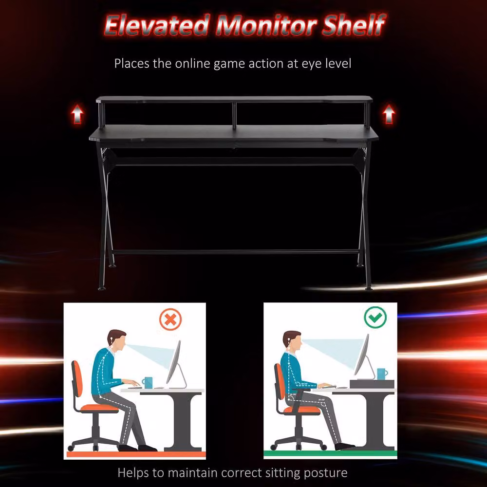 STILVORA Black Gaming Desk with Shelf and Hook – 5
