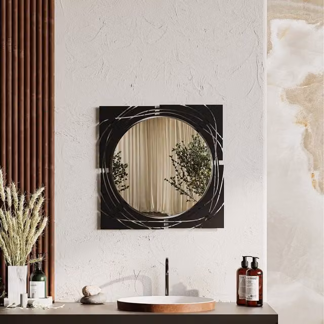 Decortie Hulla Modern Abstract Round Wall Mirror in Textured Black