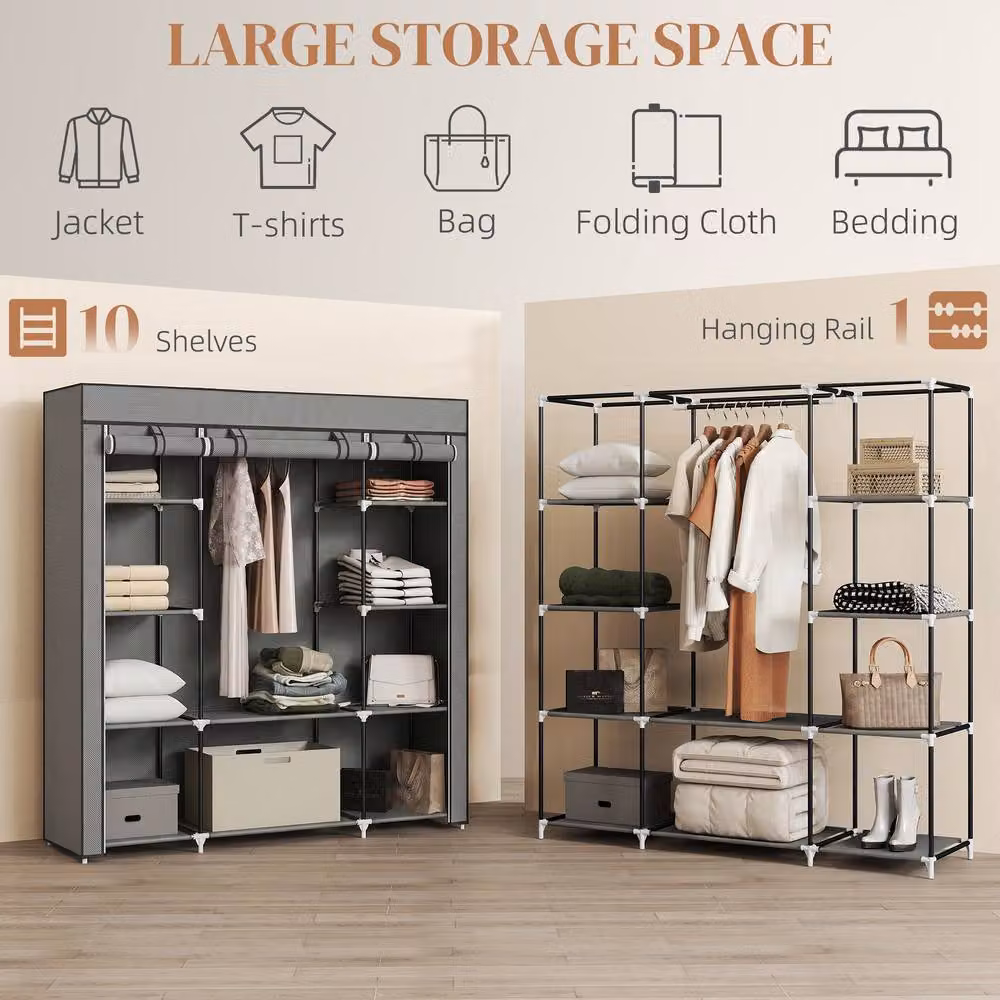 HOMCOM Portable Foldable Wardrobe with Hanging Rod and Internal Shelves, Grey, W/D/H: 150 x 43 x 162.5 cm – 4