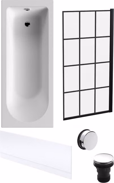 Balterley Round White Bath with Front Panel, Black Square Screen and Chrome Waste, W/D/H: 170 x 70 x 3 cm