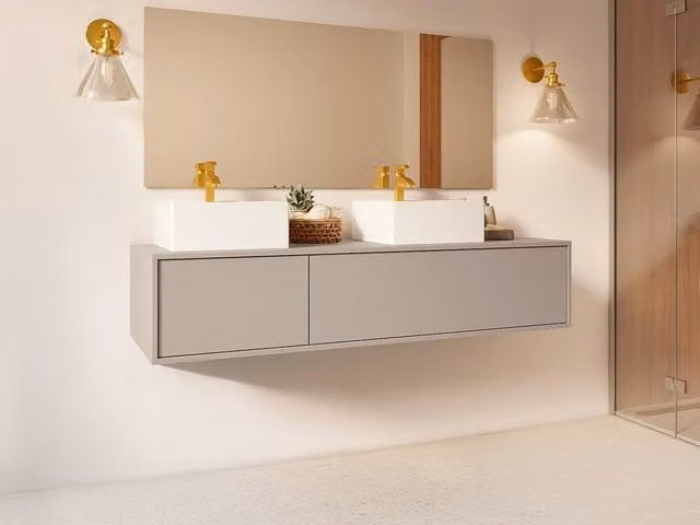 Vente-unique Suspended Beige Bathroom Vanity Unit with Double White Square Basins, W/D/H: 150 x 47 x 32 cm – 1