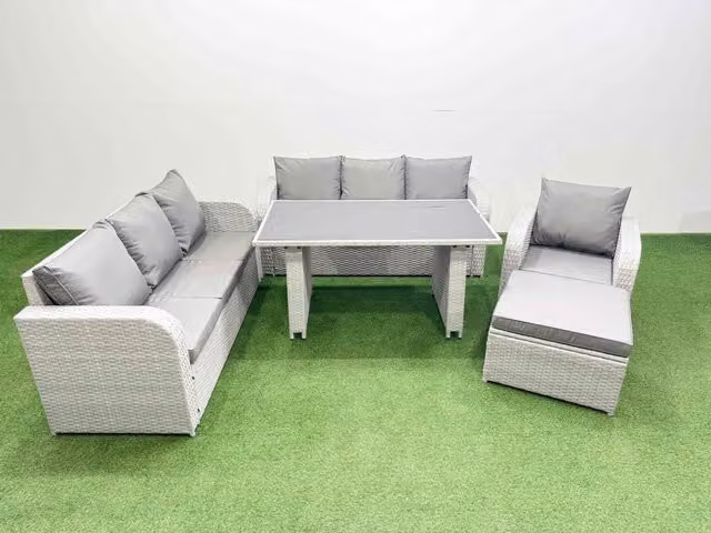 Fimous 8-Seater Patio Rectangular Table and Sofa Set with Large Stool in Light Grey