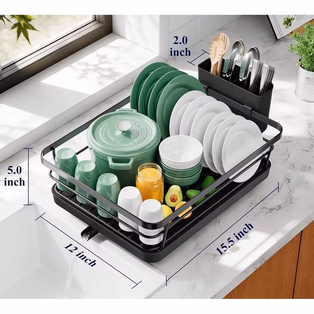 VOGREX Kitchen Dish Drying Rack with Drip Tray and Cutlery Holder in Black – 2
