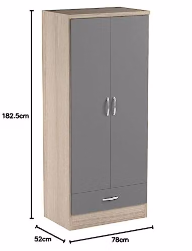 Seconique Nevada 2 Door 1 Drawer Wardrobe in Grey Gloss and Oak – 3