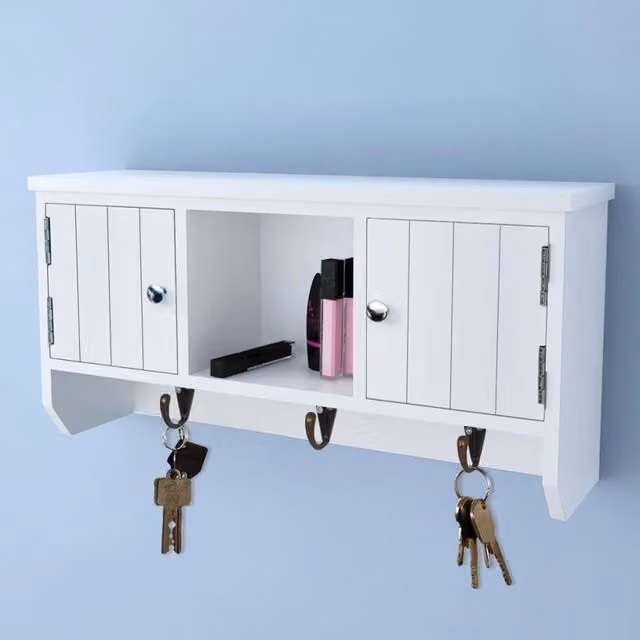 Berkfield Home White Lacquered Wall Mounted Key and Jewellery Cabinet with Hinged Doors and Internal Shelves