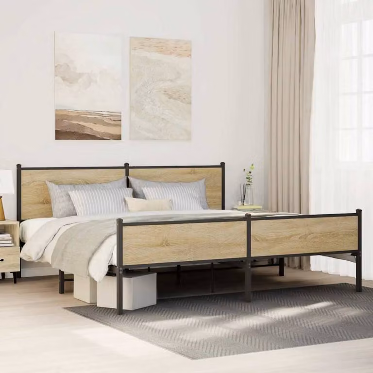 Berkfield Home Metal Bed Frame in Sonoma Oak Brown, W/D/H: 200 x 200 cm