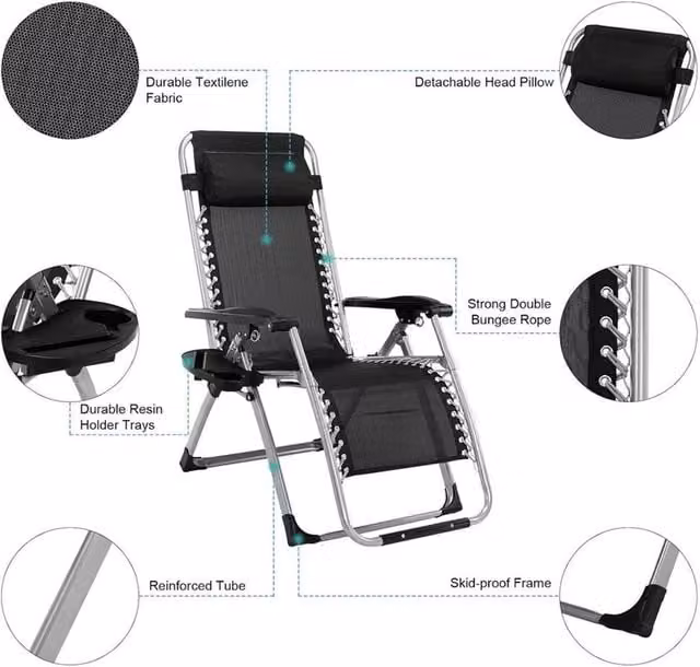 KORVIXA Black Adjustable Zero Gravity Folding Reclining Garden Chair with Adjustable Headrest