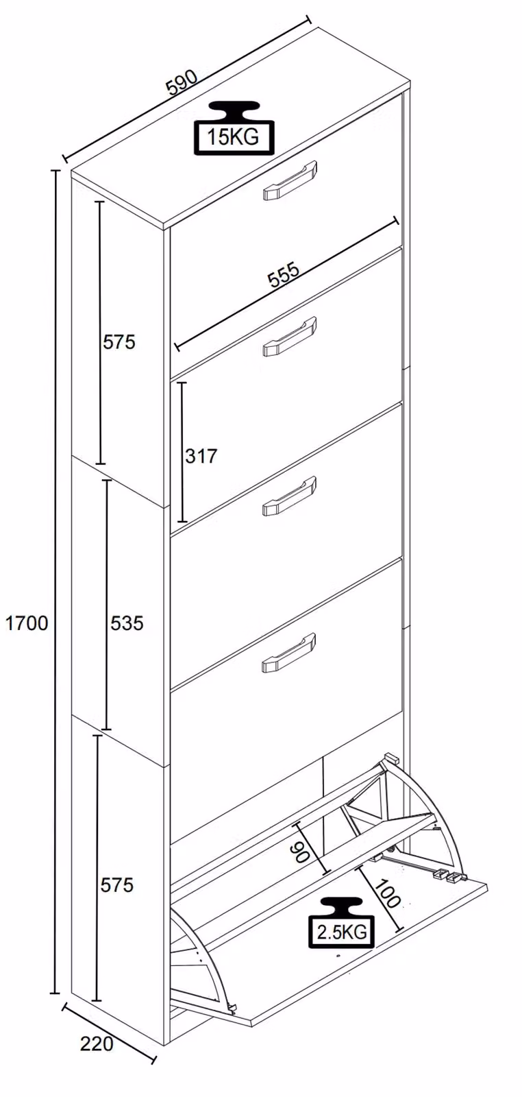 VCM HalomXL Shoe Tipper Cabinet in Dark Grey, H 170 x W 59 x D 22 cm – 4