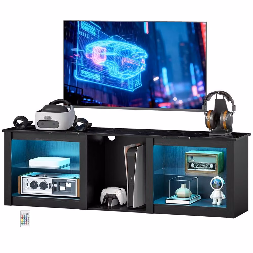 STILVORA Modern Black TV Stand with Integrated LED Lighting and Media Storage Compartments – 4
