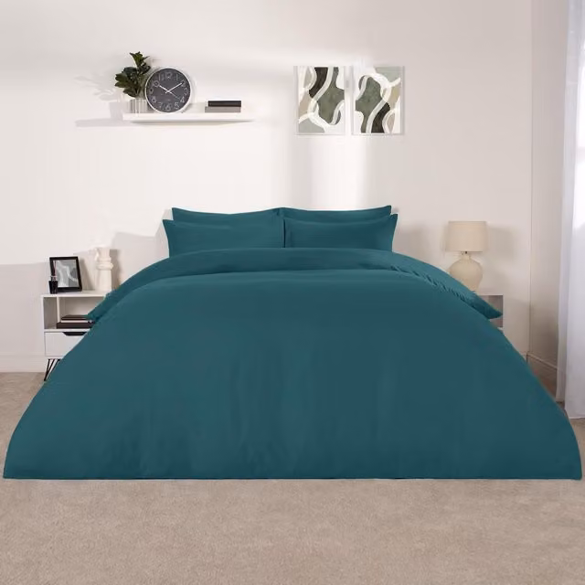Brentfords Reversible Plain Microfibre Bedding Set with Pillowcase, Petrol, W: 180 cm x L: 200 cm