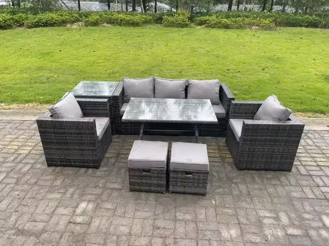 Fimous 7 Seater Rattan Outdoor Garden Dining Set with Lounge Sofa, Dining Table, 2 Armchairs and Small Stools in Dark Grey