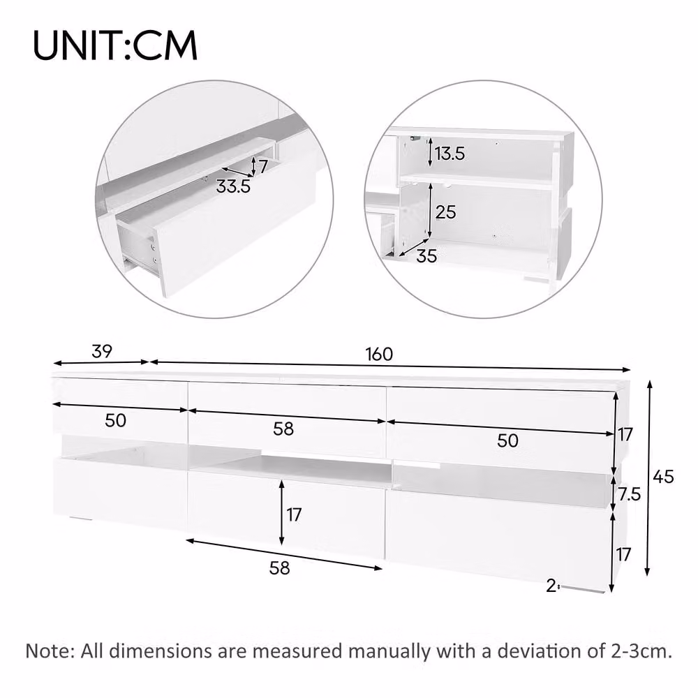 Merax High Gloss TV Stand Unit with LED, 1 Drawer and 2 Doors, White, W: 160 cm, D: 39 cm, H: 45 cm – 2
