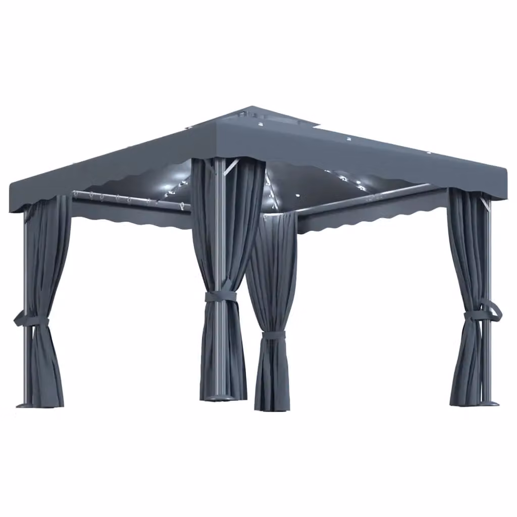 Berkfield Home Anthracite Gazebo with Curtains and LED String Lights, W 300 cm x D 300 cm – 2