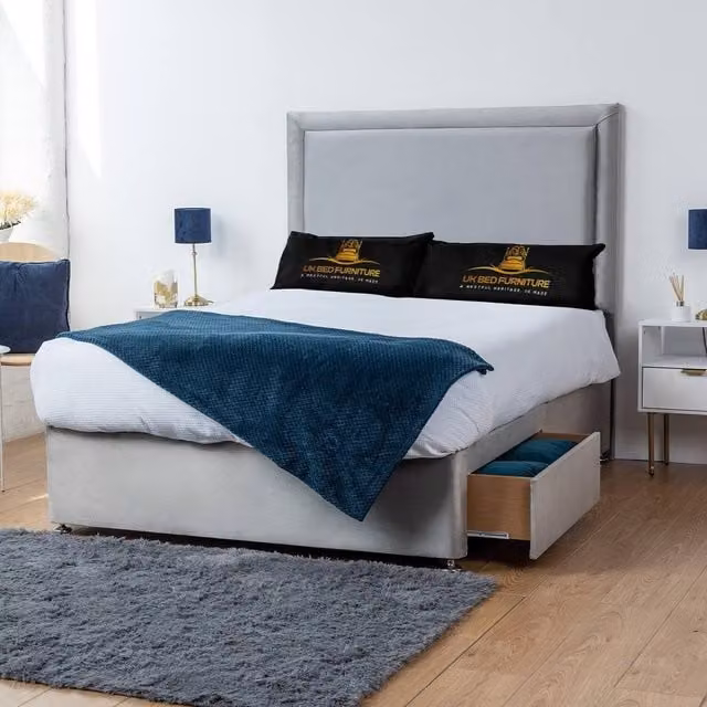 UK Bed Furniture Ascot Small Double Divan Bed with 2 Drawers Same Side and 26 Inch Headboard in Silver Grey