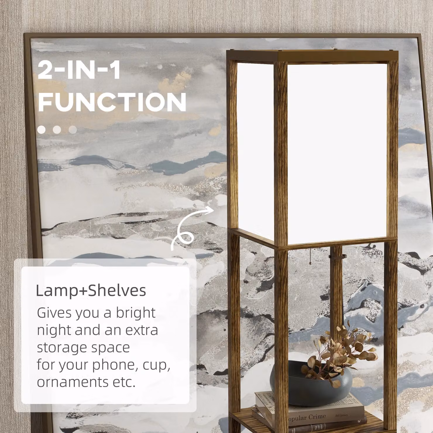 HOMCOM Modern Brown Wood Shelf Floor Lamp with Dual Up and Down Lighting for Living Room or Bedroom – 5