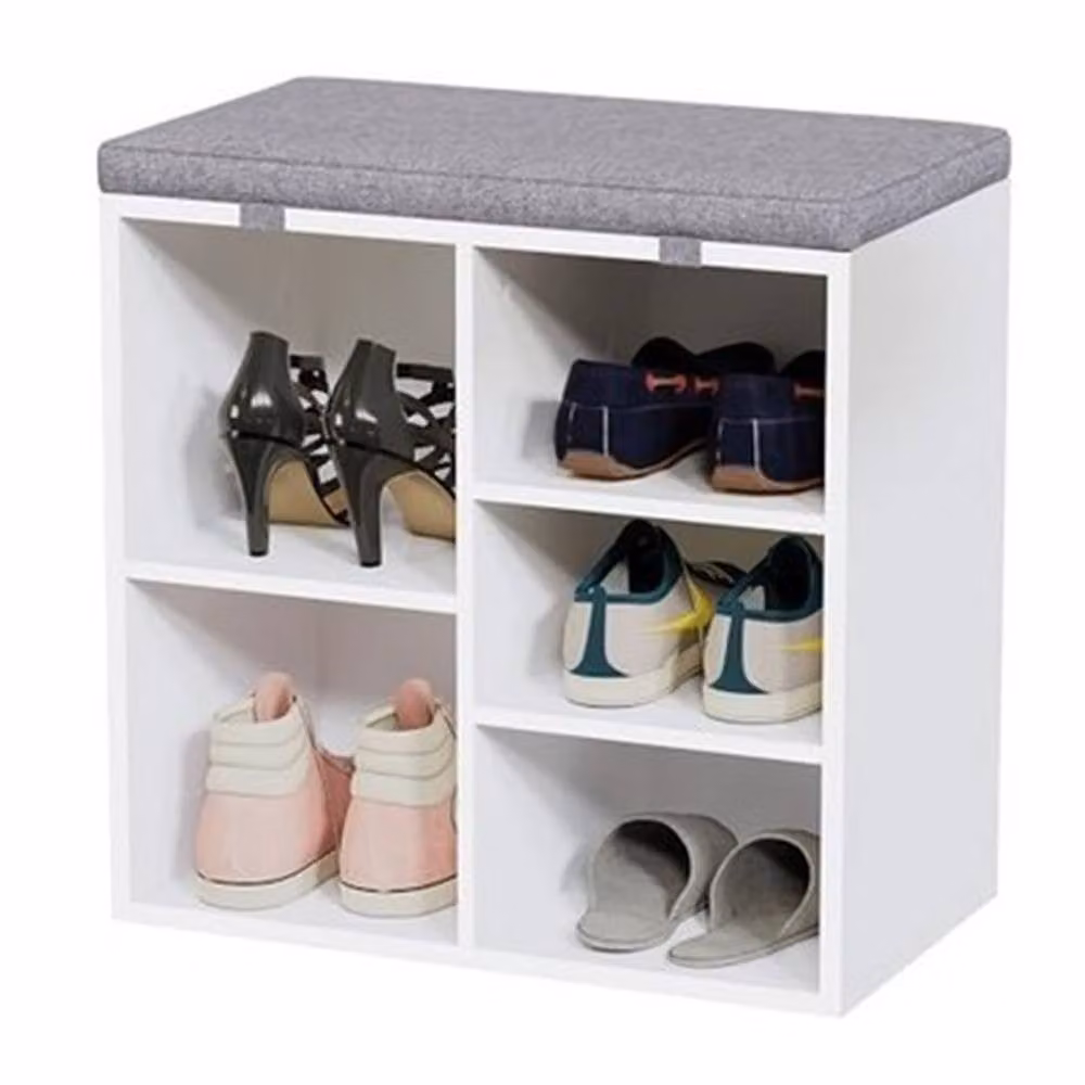 VOGREX 3-Tier Shoe Bench with 5 Cubbies and Removable Fabric Cushion in White – 3