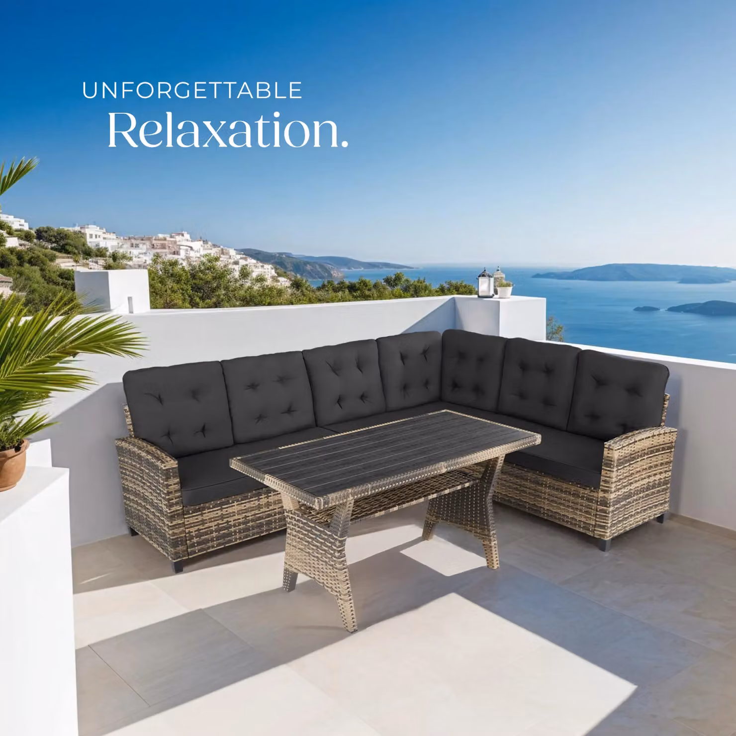 tectake Catania L-Shape Garden Furniture Set in Natural Polyrattan with Grey and Sand Upholstered Cushions and Coffee Table – 7