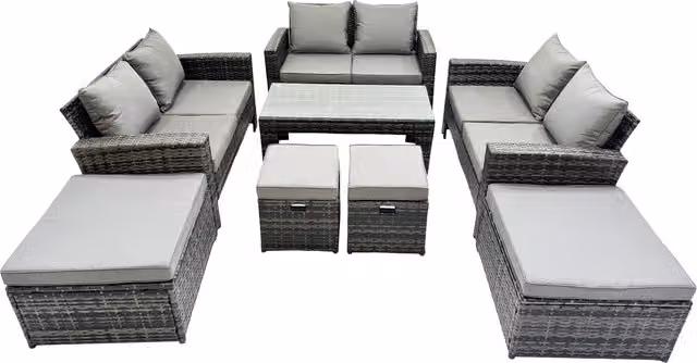 Fimous Outdoor Love Sofa Set with Oblong Coffee Table and 4 Stools in Dark Grey